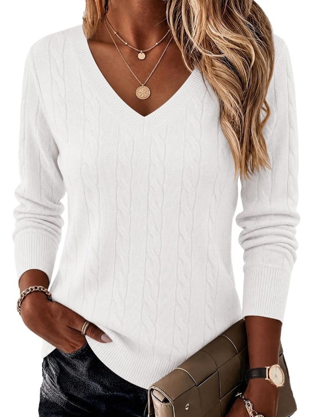 Women's Cable Knit V-Neck Sweater – Lightweight, Breathable Fall & Winter Essent